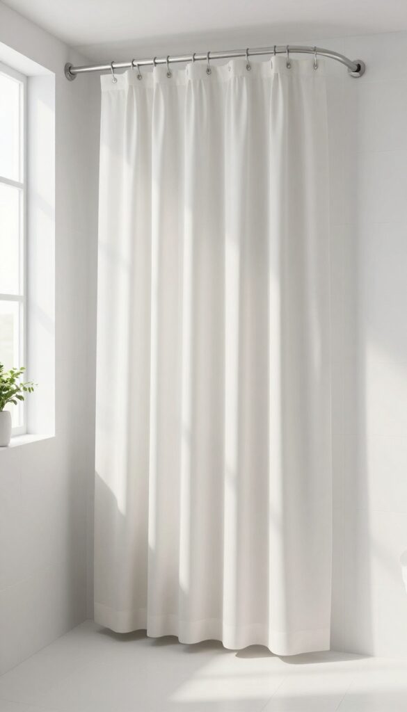 A modern small bathroom with a vertical striped shower curtain in neutral colors, enhancing the sense of height and space in a minimalist decor setting.