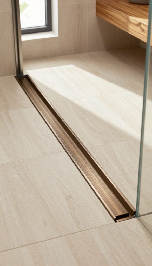 Channel drain with wood slat look in a modern walk-in shower