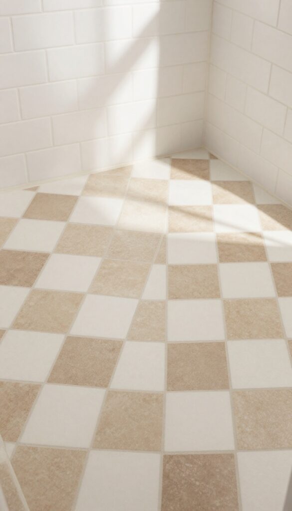 Beige and white checkerboard shower floor tiles with matte finish