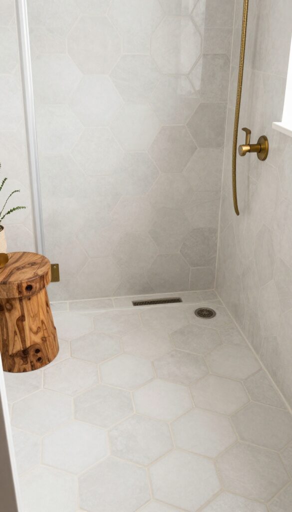Close-up view of hexagonal tile floor in a walk-in shower, showcasing vintage twist with honeycomb pattern, bright natural lighting, and brass fixtures for a timeless, blog-friendly bathroom design.