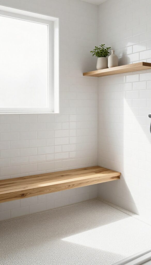 White tile walk-in shower with teak wood bench and shelf for warm accent