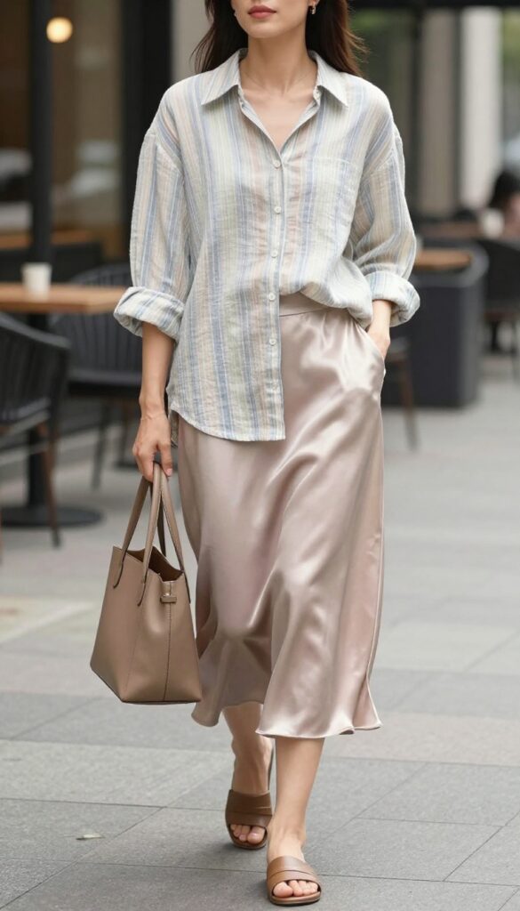 A woman wearing an oversized button-down shirt with a satin midi skirt, styled for a summer casual outfit. She accessorizes with slides or loafers, a structured handbag, sunglasses, and a low ponytail, set in bright natural light.