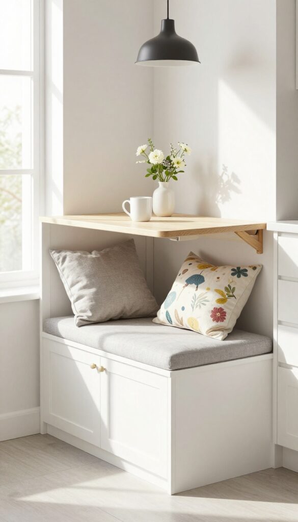 Cozy kitchen nook with white banquette and fold-down table, bright natural light, clean and airy.