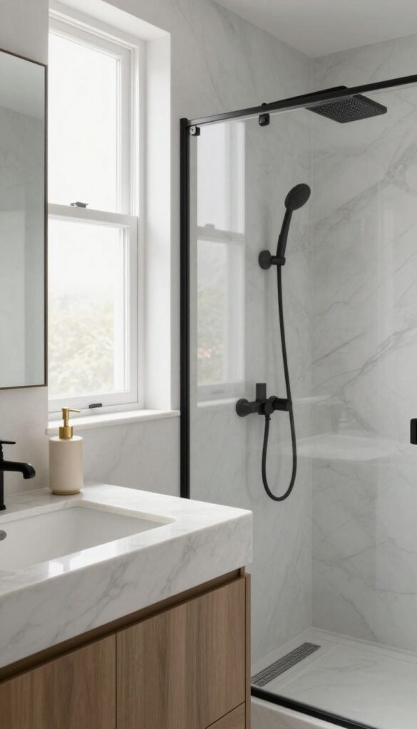 A luxurious marble bathroom with subtle veining, natural light, and minimal clutter to avoid common design mistakes.