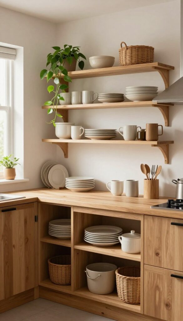 Small parallel kitchen with open shelving styled with ceramics, pothos, and woven baskets, warm wood tones, bright natural light