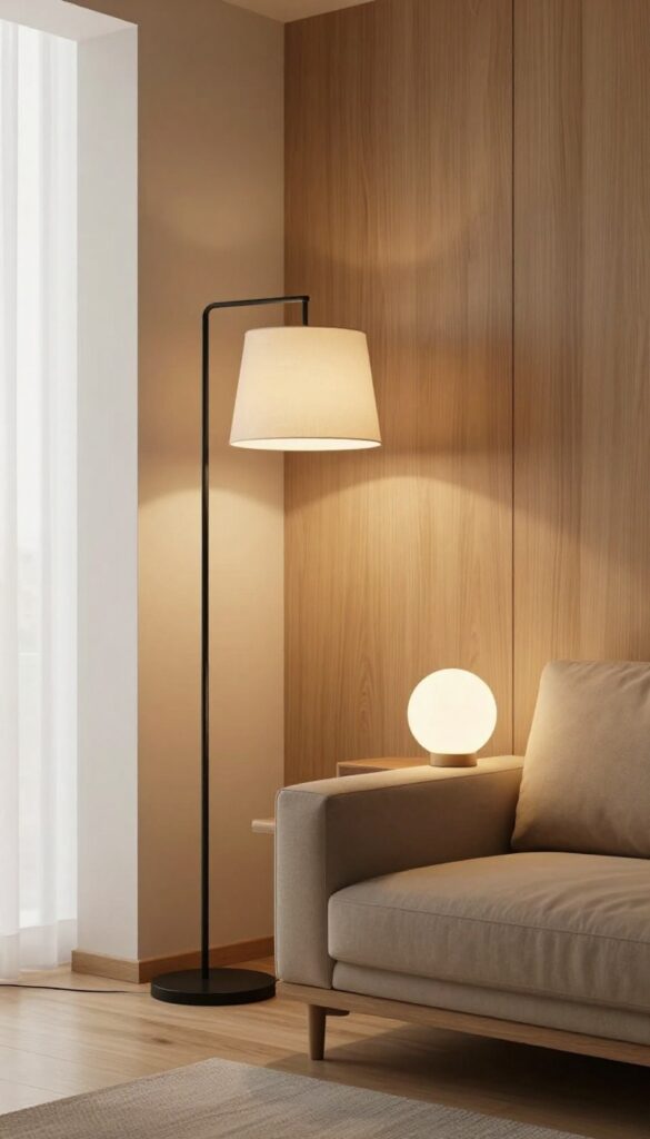 A cozy men's living room with layered lighting including a floor lamp and table lamp, warm ambiance, no text.