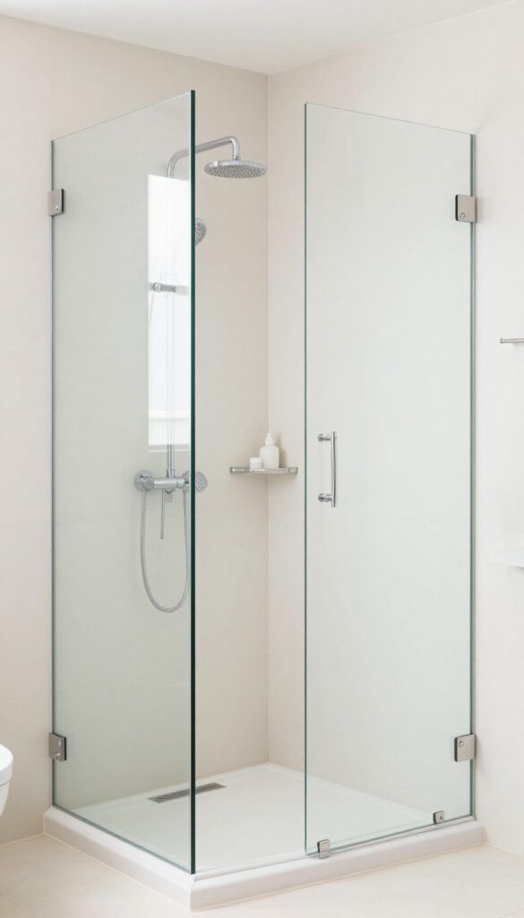 A small bathroom corner with a standing shower using frameless glass panels for an open and airy feel in tight spaces.