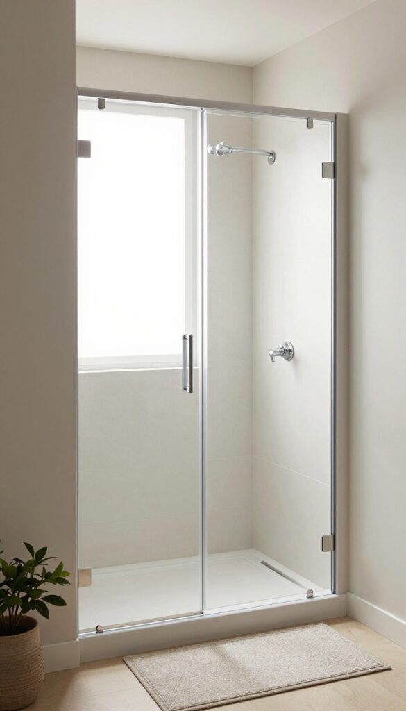 Clear glass hinged shower door with minimal frame in a small bathroom, showcasing light flow and open sightlines for a spacious feel.