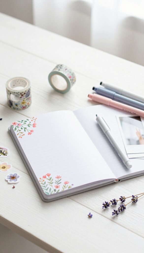 Flat lay of a scrapbook kit with pastel notebook, washi tapes, stickers, printed photos, and markers on a white table in natural light.