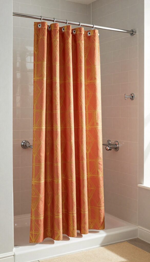 A basement shower with a patterned geometric shower curtain in warm tones, bright natural light, neutral tiles, and simple accessories for a personalized look.