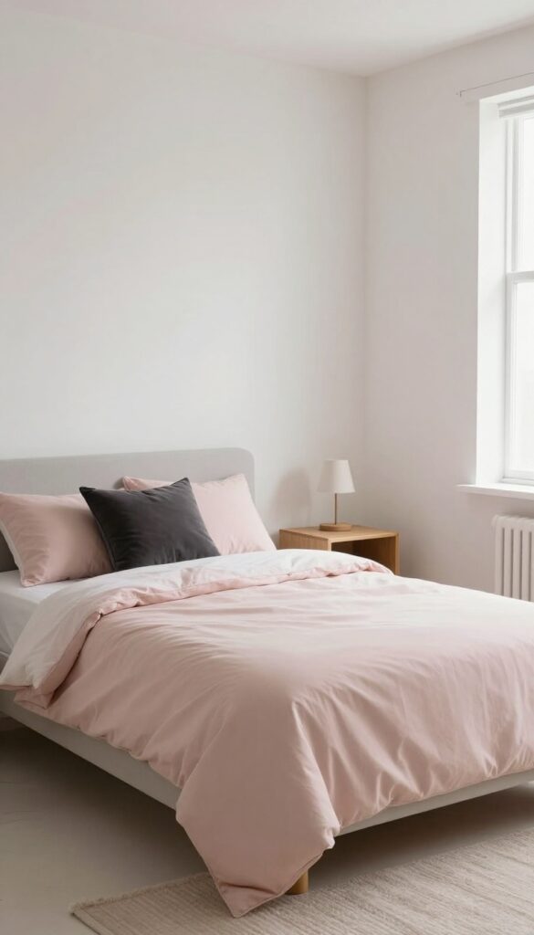 Cozy tiny bedroom with limited color palette of warm white, pale gray, blush pink, and charcoal, creating calm and spacious feel.