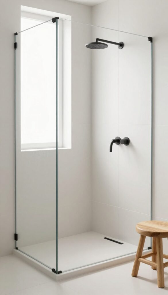 Small bathroom shower with floor-to-ceiling single-color matte tiles, floating shelf, and black fixtures