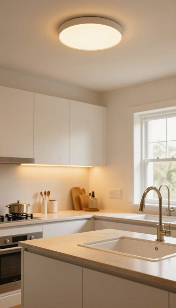 Warm kitchen with layered lighting: ceiling light, under-cabinet LEDs, and pendant lamp over sink.