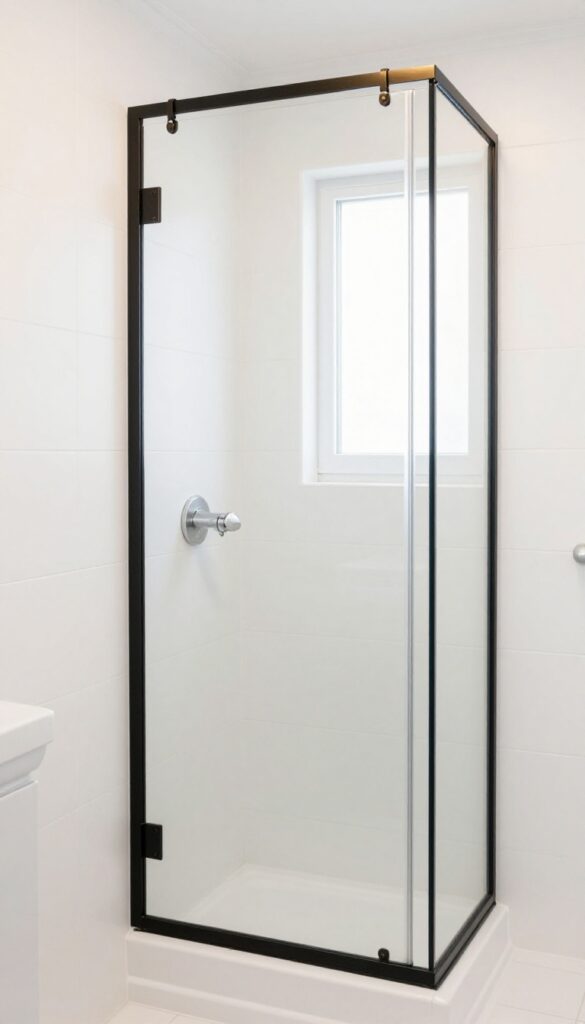 Small bathroom with large mirror reflecting shower and light