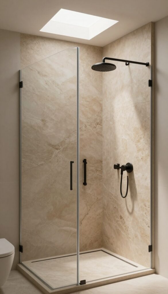 Shower with natural stone slab walls, slate texture, soft skylight, matte black fixtures, rustic elegance
