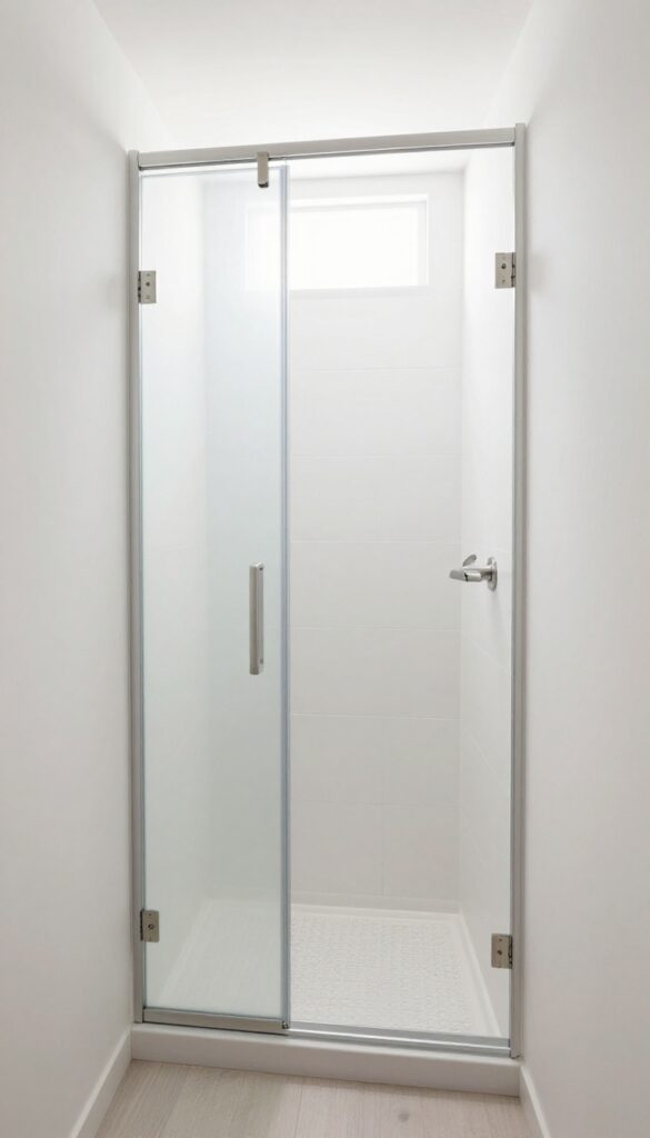 Custom angled sliding shower door in a small bathroom with irregular walls, featuring minimalist hardware and simple tiles, designed to maximize space in tight layouts.