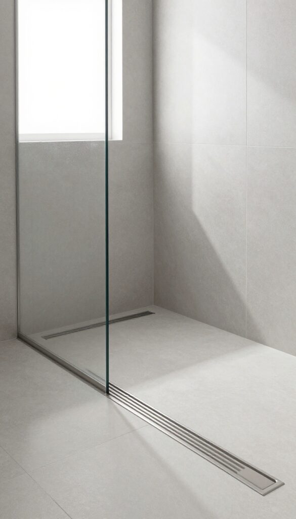Modern walk-in shower with linear drain and large-format tiles