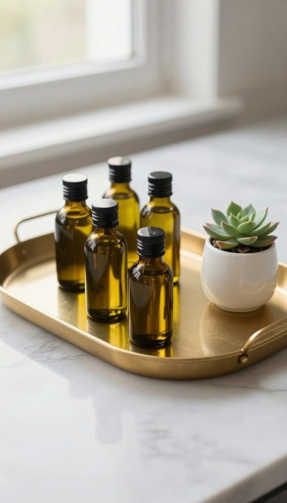 Brushed gold tray with oil bottles and succulent on marble countertop