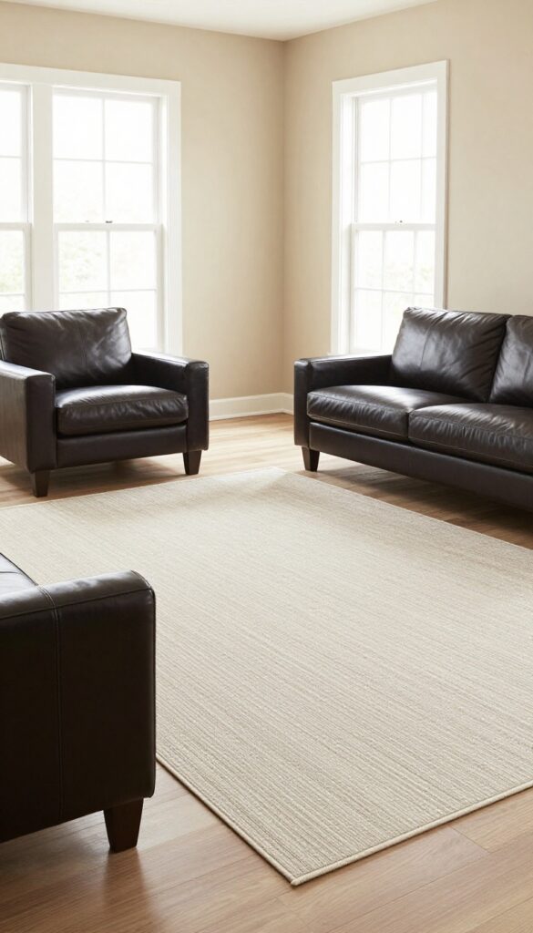 Living room with a large rug properly sized to anchor the seating area, creating a cohesive and grown-up look.
