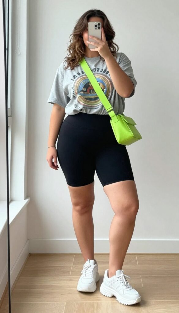 Plus-size woman in oversized graphic tee and black bike shorts, taking a mirror selfie with phone. Chunky white sneakers, crossbody bag, sunglasses on head. Bright natural light, modern apartment setting.