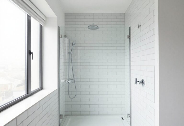 Modern bathroom shower with white subway tiles and dark grout, showcasing a timeless design with natural lighting and chrome fixtures.