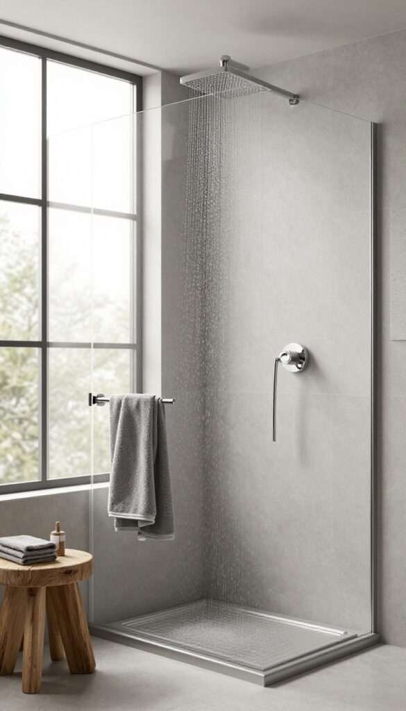 A serene modern curbless shower with monochromatic gray tones, showcasing seamless design and natural textures in bright light.