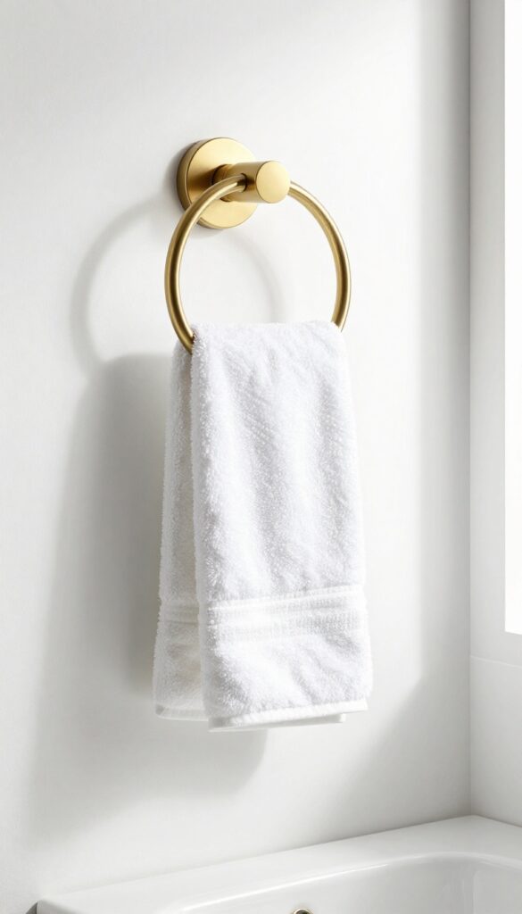 A close-up view of a brass towel ring holding a white towel in a bright, modern bathroom, showcasing decorative finishes for compact storage.