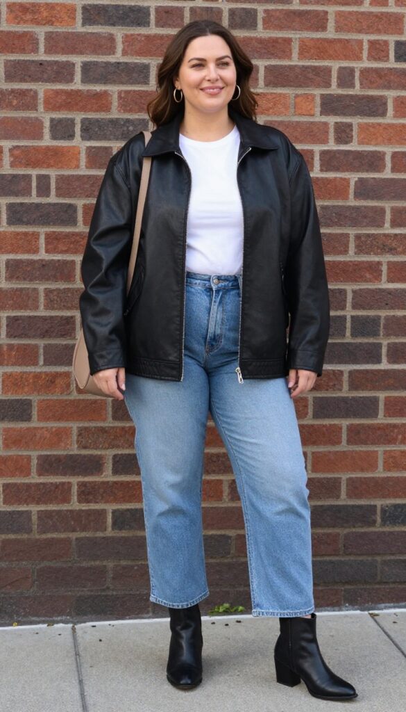 A plus-size woman wearing a black leather jacket over a white tee and light-wash mom jeans with black ankle boots, styled in a casual urban setting for a 90s fashion outfit idea.