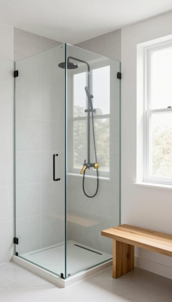 Pony wall shower with tile base and clear glass half-panel, teak bench, matte black fixtures, bright natural light.