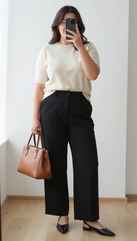 Plus-size woman in cream knit top and black wide-leg pants taking a mirror selfie in bright natural light, business casual outfit.