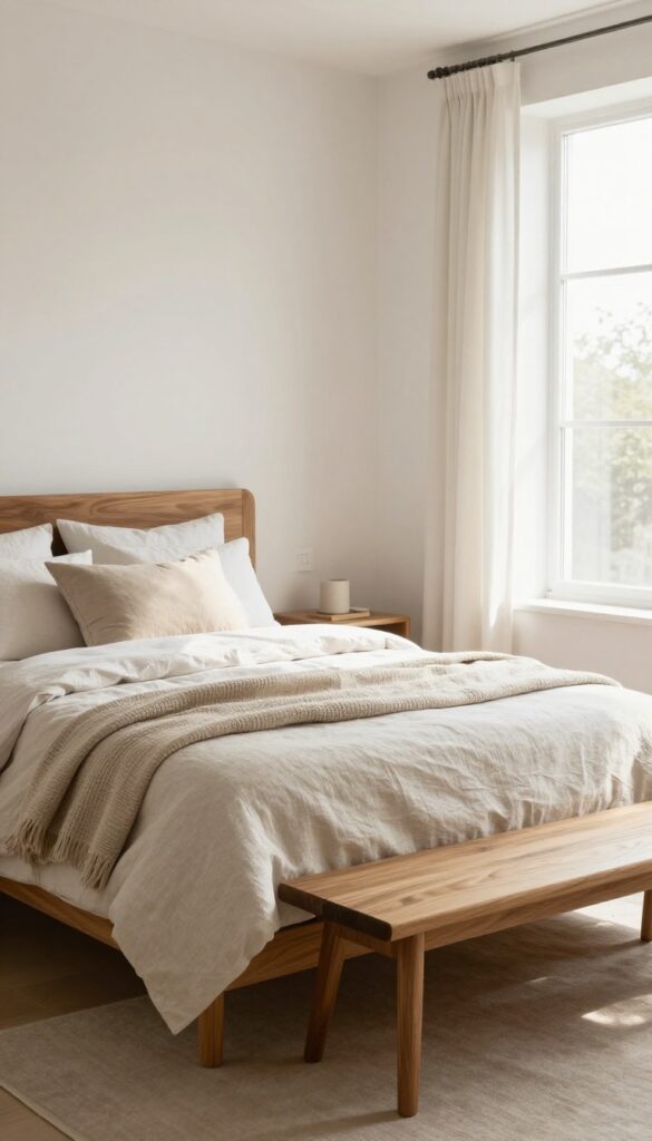 A bright bedroom with a wooden bed frame with soft lines, neutral bedding, and a wooden bench at the foot of the bed.