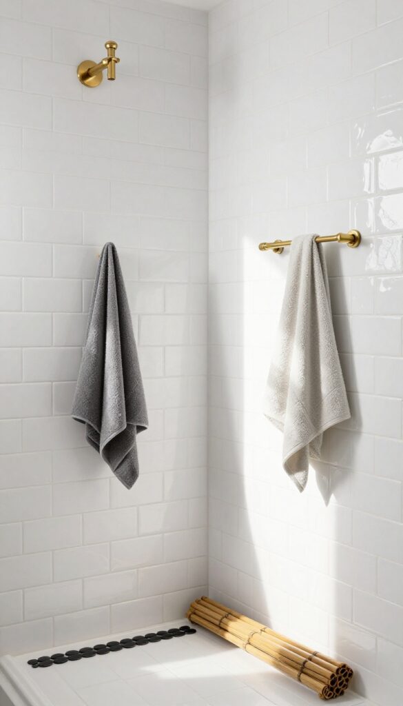 Bold black penny round tiles on shower floor and niche, contrasting with white subway walls