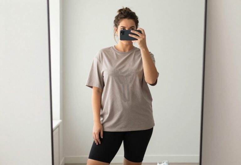 Plus-size woman in oversized graphic tee and bike shorts taking a mirror selfie, sporty casual outfit for active days.