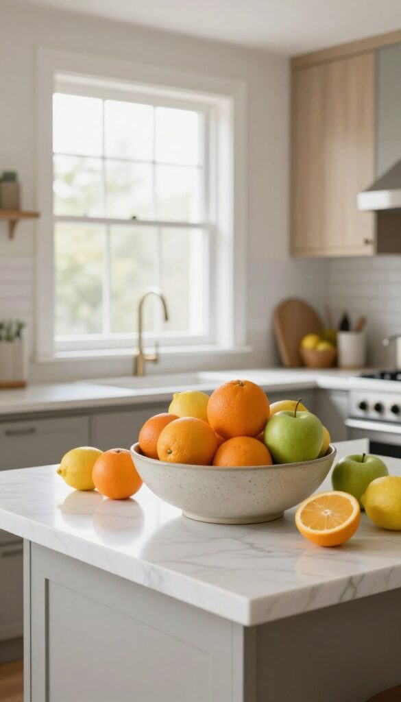 A stylish fruit bowl as centerpiece on a kitchen counter, filled with colorful fresh fruit in natural light.