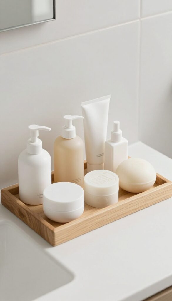 A simple bathroom tray organizing everyday essentials like soap and moisturizer on a clean sink counter in bright natural light.