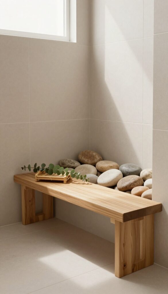 Small shower with river rock accent wall behind teak bench