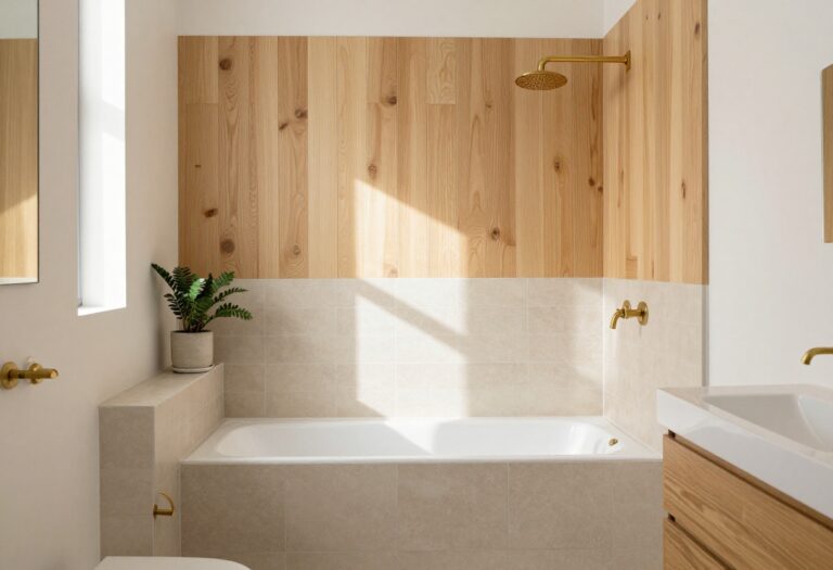Cozy bathroom with a pony wall shower featuring wood cap and beige tiles