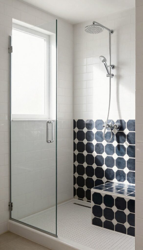 Walk-in shower with neutral white walls and a contrasting dark hexagonal tile bench