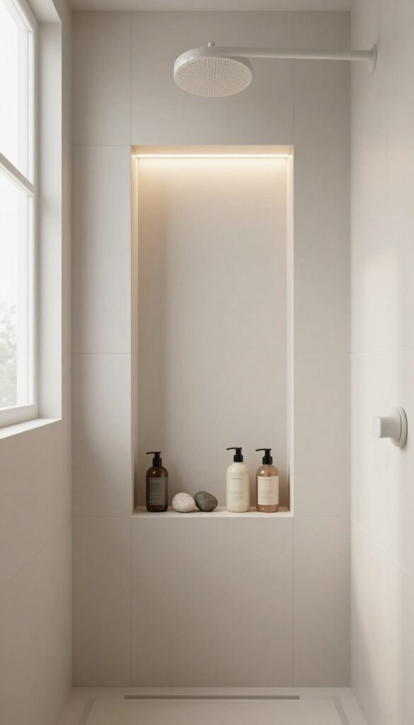 A recessed niche with soft lighting above a shower, displaying bathroom essentials and decor in a modern, minimalist bathroom setting.
