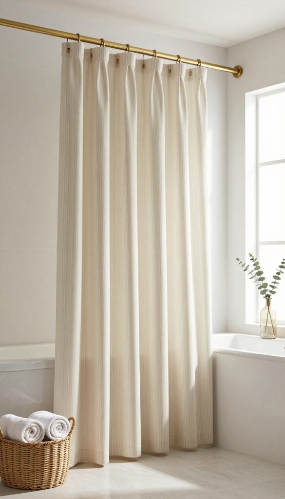 Elegant bathroom with tonal beige and ivory striped shower curtain, matte brass hardware, woven basket, and eucalyptus branch.