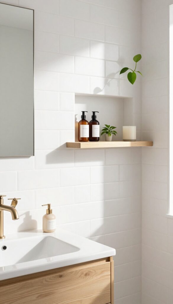 Pony wall with built-in niche and floating teak shelves holding toiletries and a trailing plant in a bright bathroom.