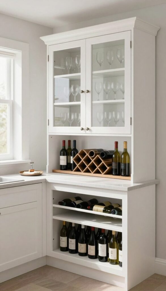 A white kitchen hutch with a built-in wine rack, glass-front cabinets, and neatly stored wine bottles, bathed in natural light.