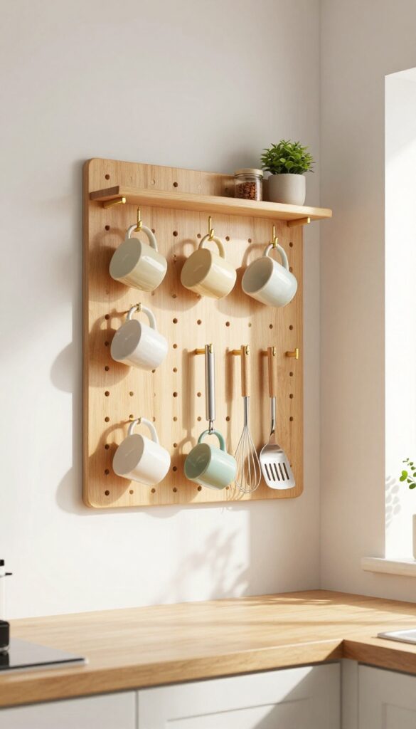 Warm wood pegboard with hanging mugs and utensils in a bright kitchen