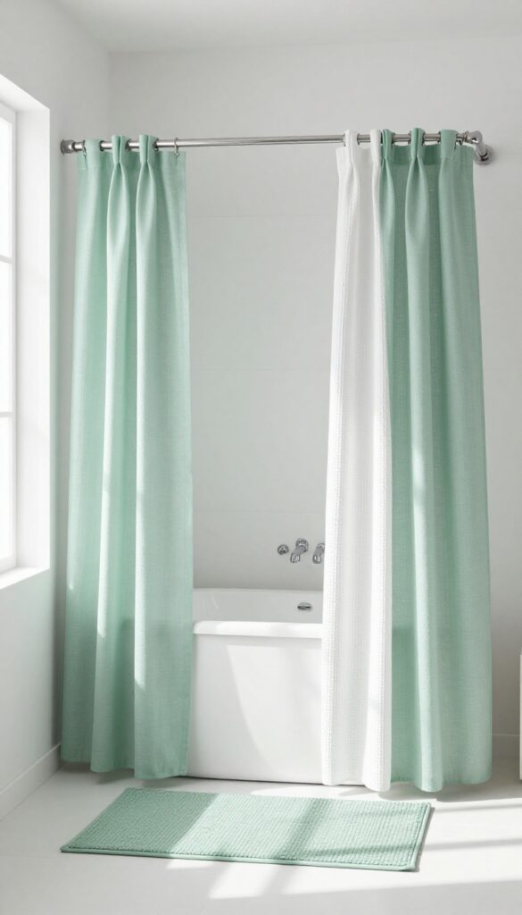 Matching double shower curtain and rug in sage green creates a cohesive bathroom design