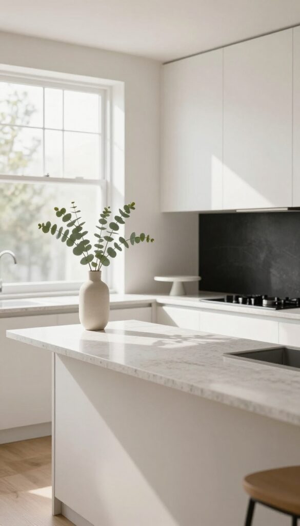 Minimalist modern kitchen with a single vase of greenery on the counter, bright natural light, clean composition.