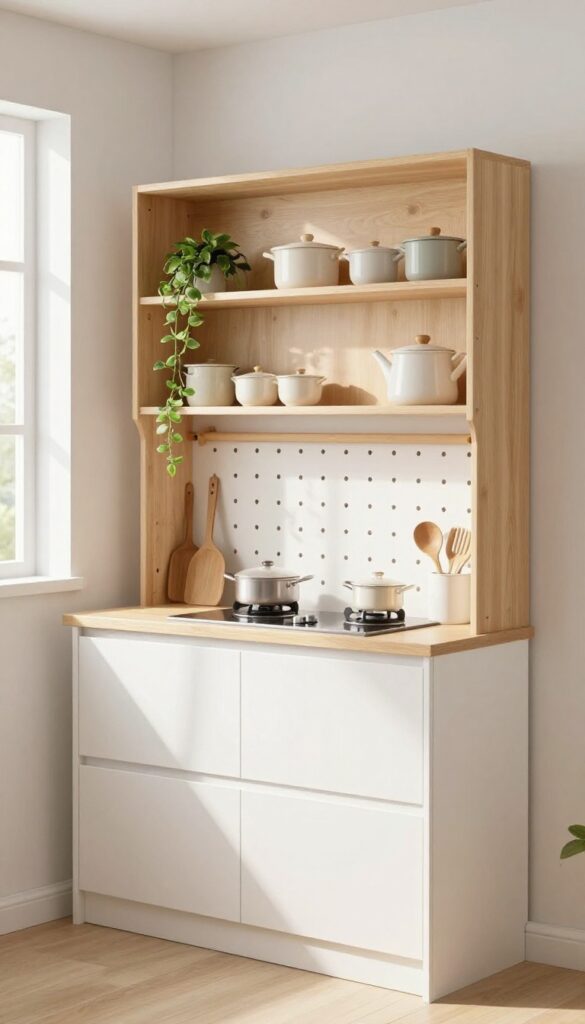 White kitchen hutch with pegboard back holding utensils and pots, bright natural light, clean and organized.