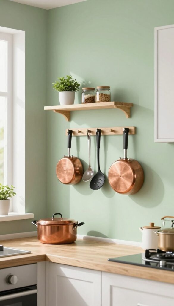 Kitchen with sage green pegboard holding copper pots and utensils, natural light, clean composition.