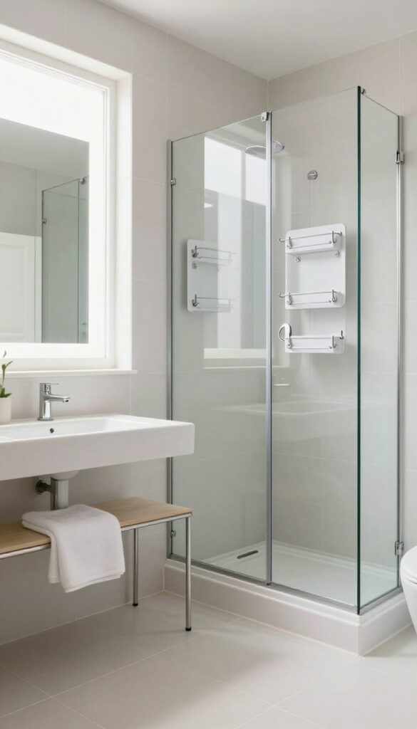 A small bathroom with a compact shower featuring light colors, a large mirror to reflect light, clear glass door, and multi-functional storage solutions like a slim bench and adhesive hooks.