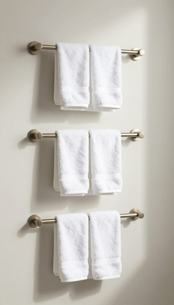 A modern bathroom wall with three vertical towel bars in brushed nickel holding white towels neatly spaced for organization and drying.