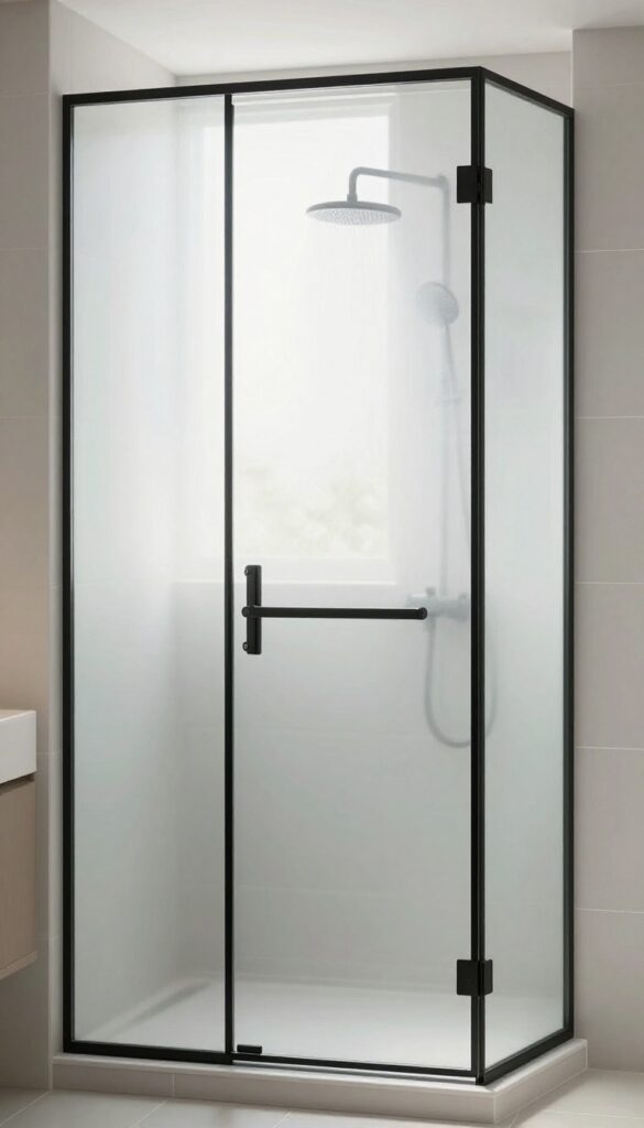 Frosted glass panel on top of a pony wall in a bright modern bathroom shower